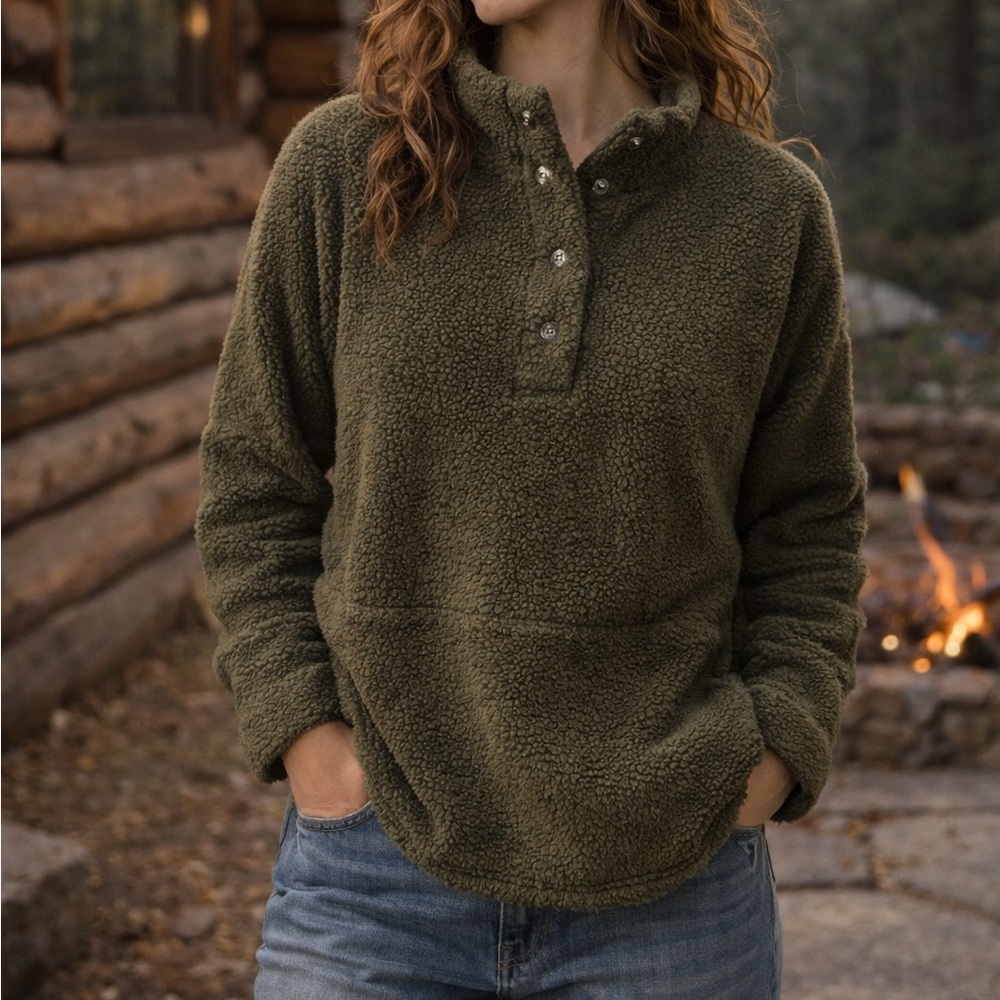 Vintage L.L. Bean Olive Teddy Sherpa Pullover Sweater Button Jacket Gorpcore